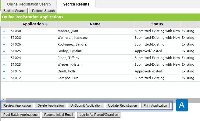 Outside of the main function of reviewing and approving applications, there are other functions within the Staff Processing tool accessed through buttons at the bottom of the Search Results window. A.