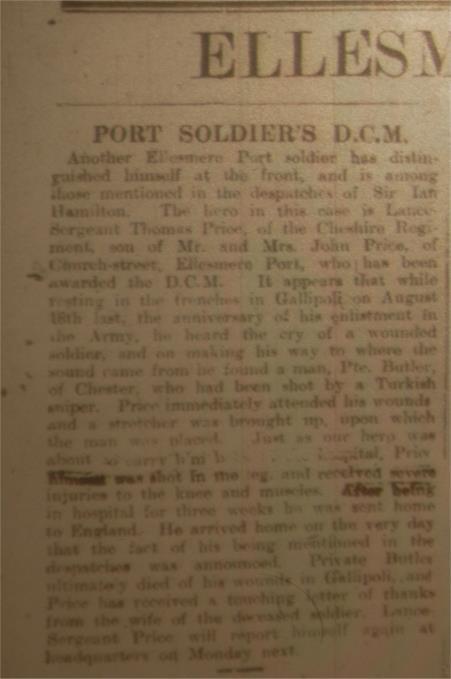 Lance-Sergeant Thomas Price D.C.M., 10931 8 th Battalion Cheshire Regiment Tom Price was the son of a painter, John Price, of Church Street, close to the dock site in Ellesmere Port.