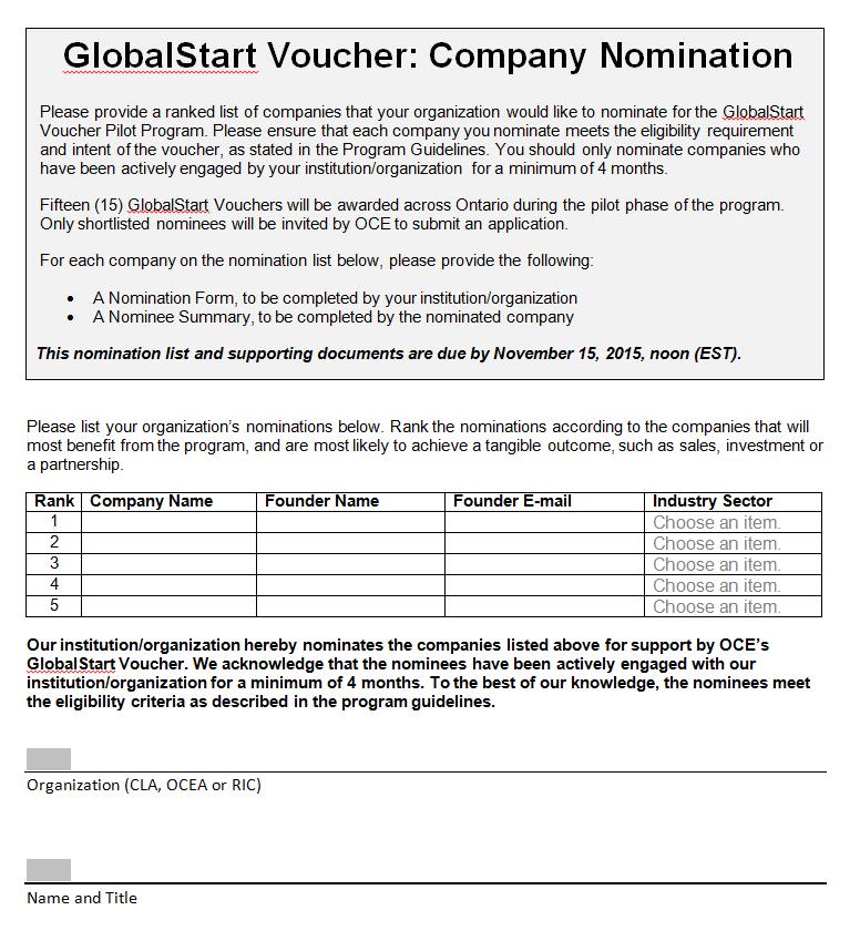 OCEA/CLA/RIC NOMINATION Two step nomination: 1. Ranked list, startup information 2.