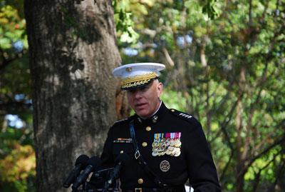 General James T. Conway, Commandant, US Marine Corps, speaking for and representing all Marines at the Jacksonville Memorial. (From right to left) Lt. Gen.