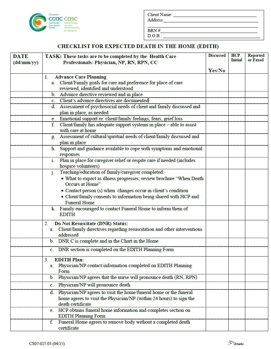 Appendix 6 Checklist for Expected Death in