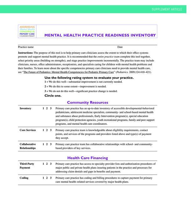 Preparing Practices: Self-Assessment AAP MH Practice Readiness Inventory Completed by practice team 5 domains: Community resources