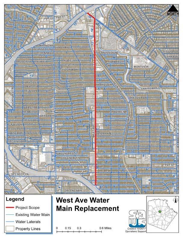West Avenue Water Main Replacement Location: The intersection of IH 10/West Ave north to the intersection of West Ave/Jackson Keller Pipe