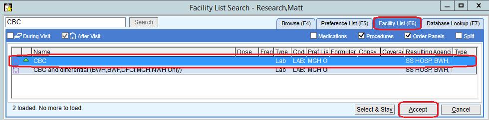4. Locate the CBC (Lab340) [order from the Facility List or from your