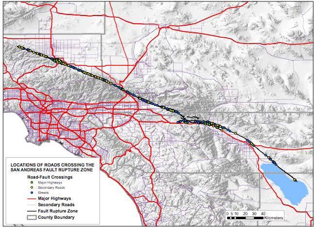 Figure 1: Locations of Roads Crossing the San Andreas Fault Ruptures Railroads All lines in Southern California have service interruptions of at least four to eight hours until inspections establish