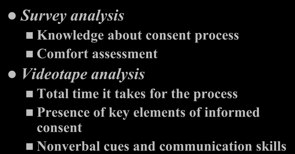 Methods: Data collection Survey analysis Knowledge about consent process Comfort assessment Videotape analysis