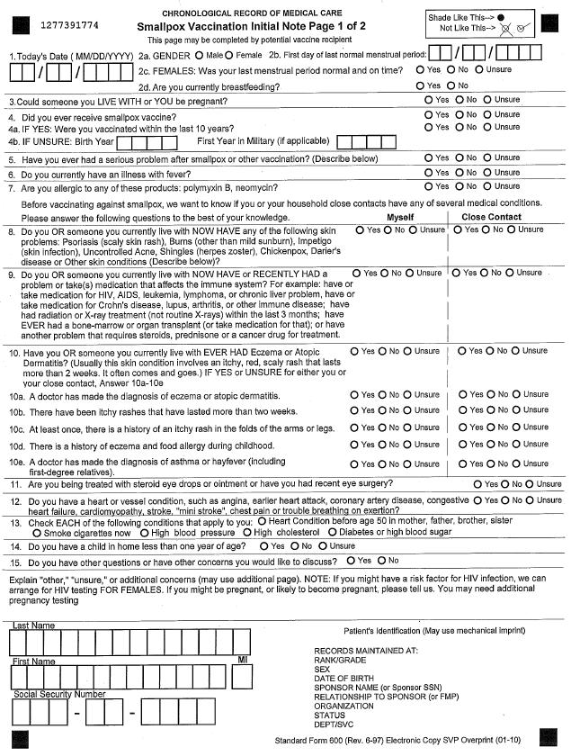 Smallpox Vaccination Initial Note Page #1 You Must Fill This Form Out Top to Bottom