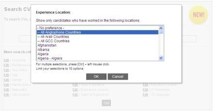 Work Experience & Experience Location Searches the description of the current and previous jobs and/or the geographic locations the candidates worked at.