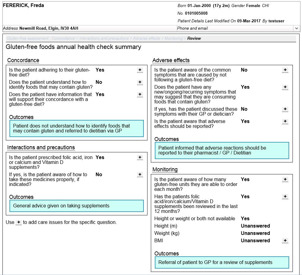 Gluten-free foods annual health check (Support tool) 8.4 Gluten-free foods annual health check summary page Link to question page example Selected Outcome example.