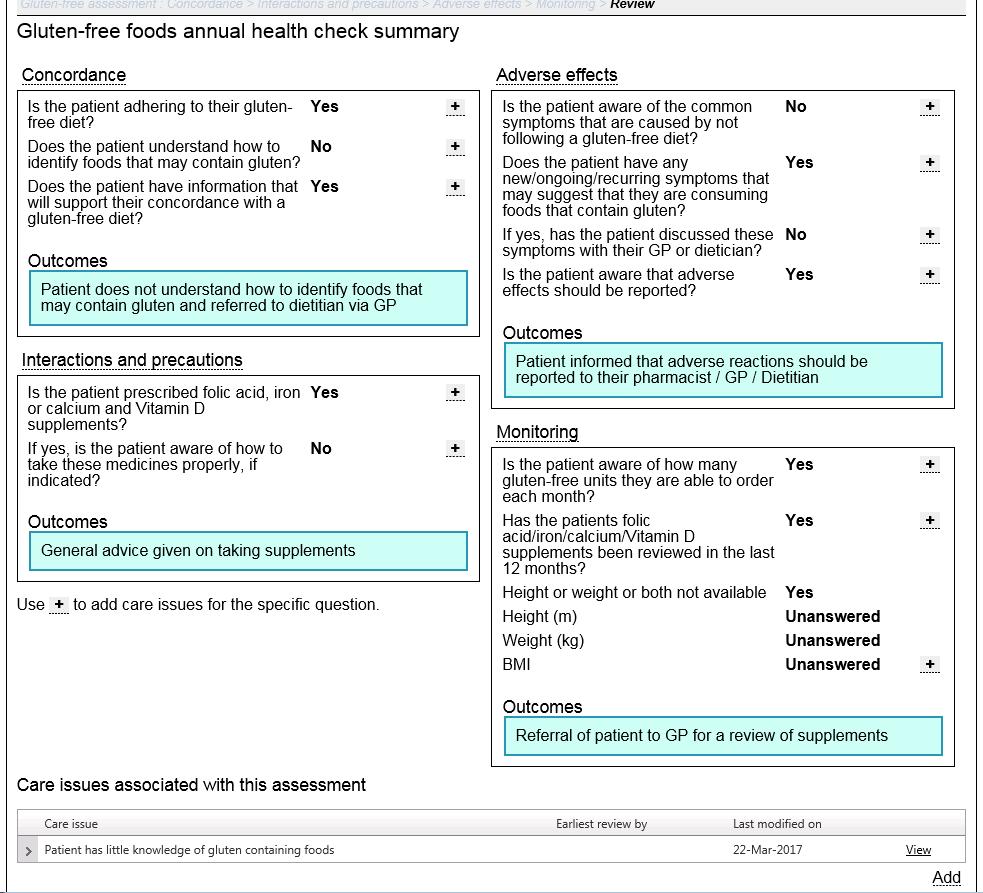 Gluten-free foods annual health check (Support tool) The newly created care issue / care issue outcome will be listed in the care issues associated with this assessment grid (Figure 6-16, Figure