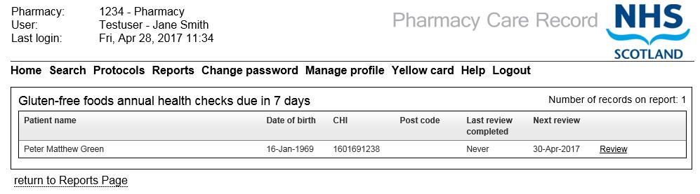 Reports Report columns: Patient name CHI Last modified on Last modified by Status Review (Link to health check