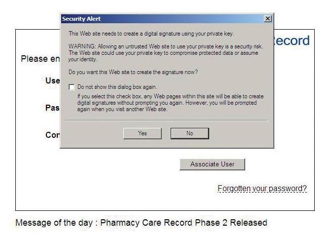The Security Alert dialogue box is displayed because the epharmacy Certificate is being used to digitally