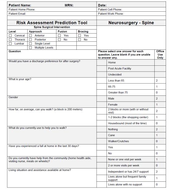 Neurosurgery Risk Assessment Predictive Tool In September 2014, the Department of Neurosurgery developed a Risk Assessment Prediction Tool (RAPT) for patients receiving Neurosurgical spine surgery to