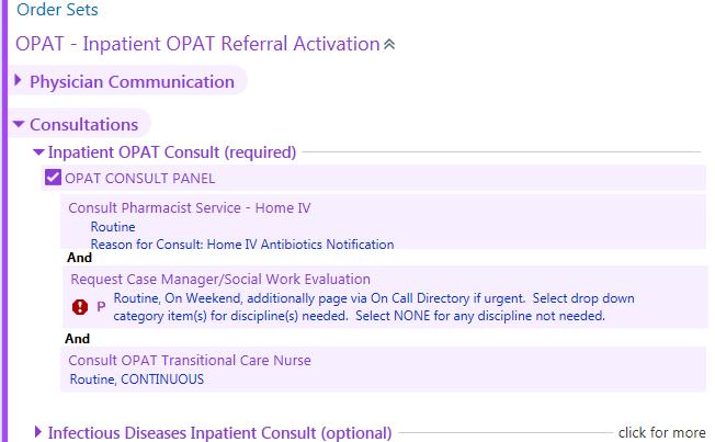 OPAT Consult Order Set Case Manager ID Pharmacist Case Manager OPAT Vascular Access