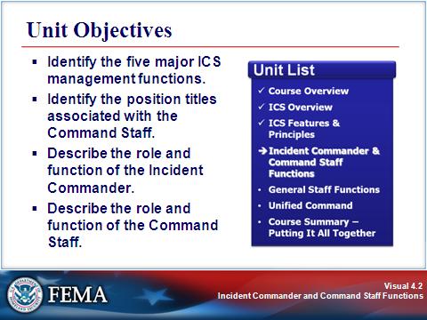 UNIT INTRODUCTION Visual 4.2 By the end of this unit you should be able to: Identify the five major ICS management functions.