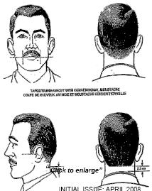 when hair is groomed and headdress removed, no hair touches the ears or collar, or falls below the top of the eyebrows. The distance of the hair from the collar for the average man should be 2.