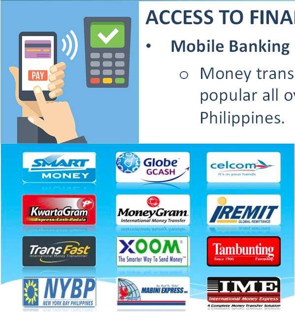ICT as a supporting platform ACCESS TO FINANCE Mobile Banking o Money transaction using mobile phone has become very popular all over Africa and South Asia, esp. in the Philippines.