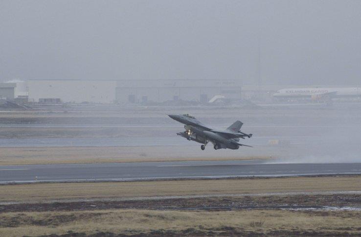 A Norwegian F-16 Fighting Falcon aircraft takes off from Keflavik air base in Iceland during the Nordic cross-border training exercise 'Iceland Air Meet 2014'.