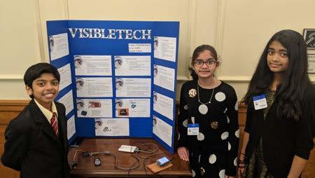 The Middle School Team of Lalith Ashok, Udgita Pamidgantam and Sriya Sadhu developed an innovative eye-testing device, called Visible Tech, for detecting color vision deficiency