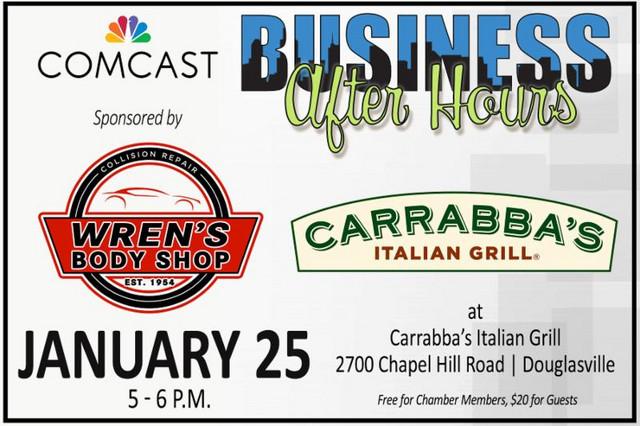 com) Comcast Business After Hours Thursday, January 25: Comcast Business After Hours is happening on January 25, 2018, from 5p-6p at Carrabba's Italian Grill at