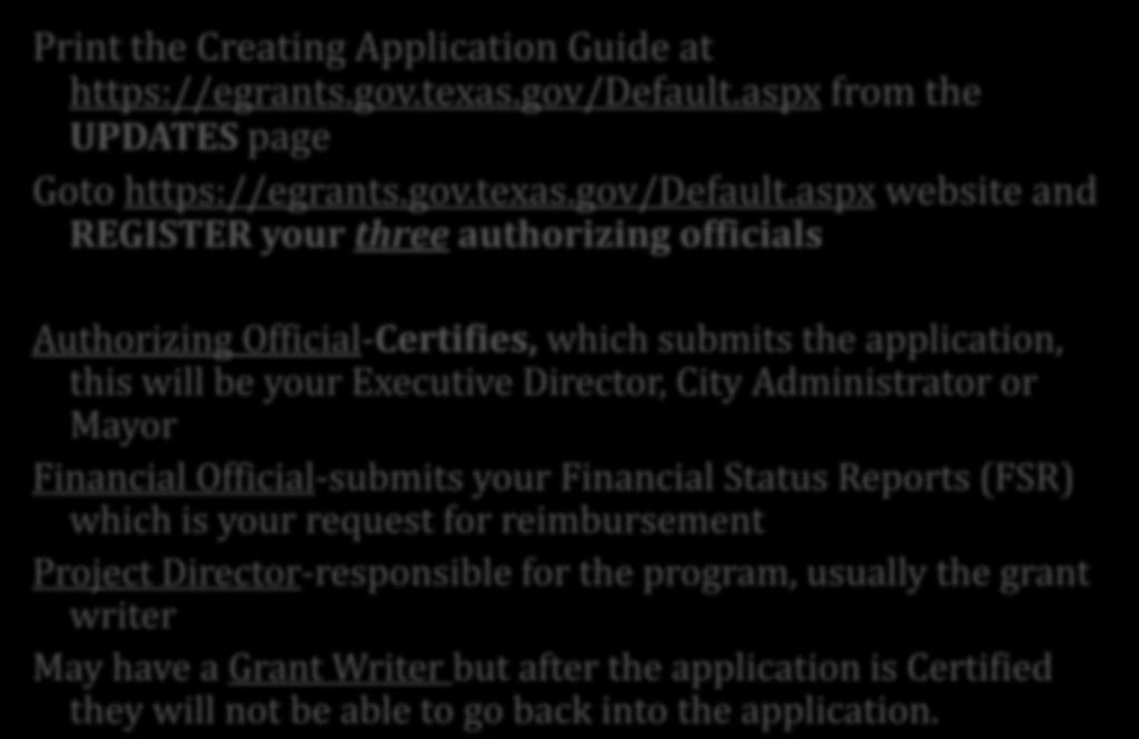 How do I get started? Print the Creating Application Guide at https://egrants.gov.texas.gov/default.