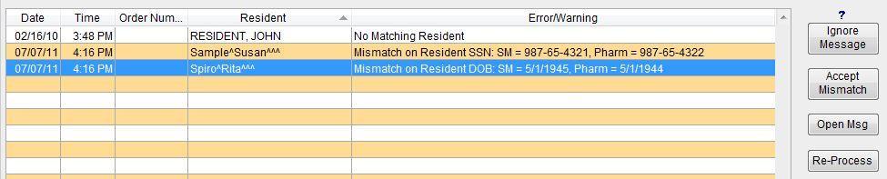 Whenever there is a mismatch between the information in Eldermark and the Pharmacy, you will receive this message. To resolve this issue: Verify the resident s SSN or DOB.