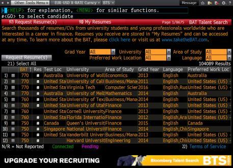 BAT DATABASE THE BAT TEST TAKER DATABASE IS ACCESSED ON THE BAT WEBSITE AND ON THE BLOOMBERG TERMINAL THROUGH BTS <GO>» Talentsearch.bloomberginstitute.