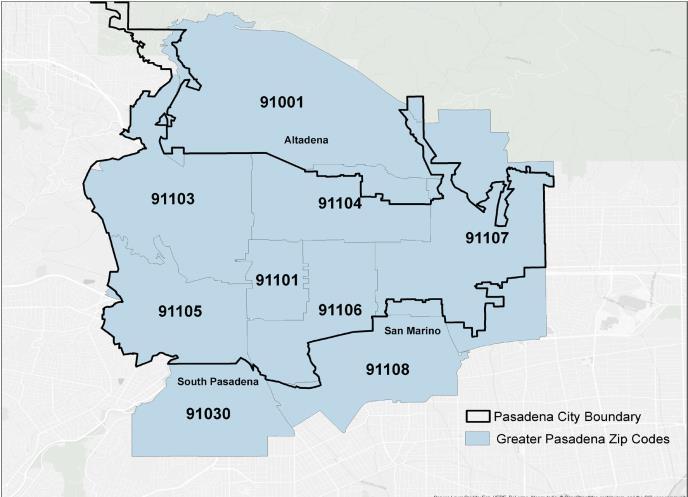 Our Community The 2016 CHNA focuses on the geographic area of Greater Pasadena, which includes Pasadena, Altadena, South Pasadena, and San Marino, and is comprised of nine contiguous zip codes.