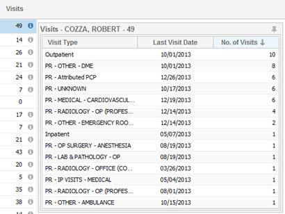 All Patients Hover Over Visits Information Icon Hover over the information icon to the right of the Visits field to see that patient s visit history during the 12-month period based on the count from