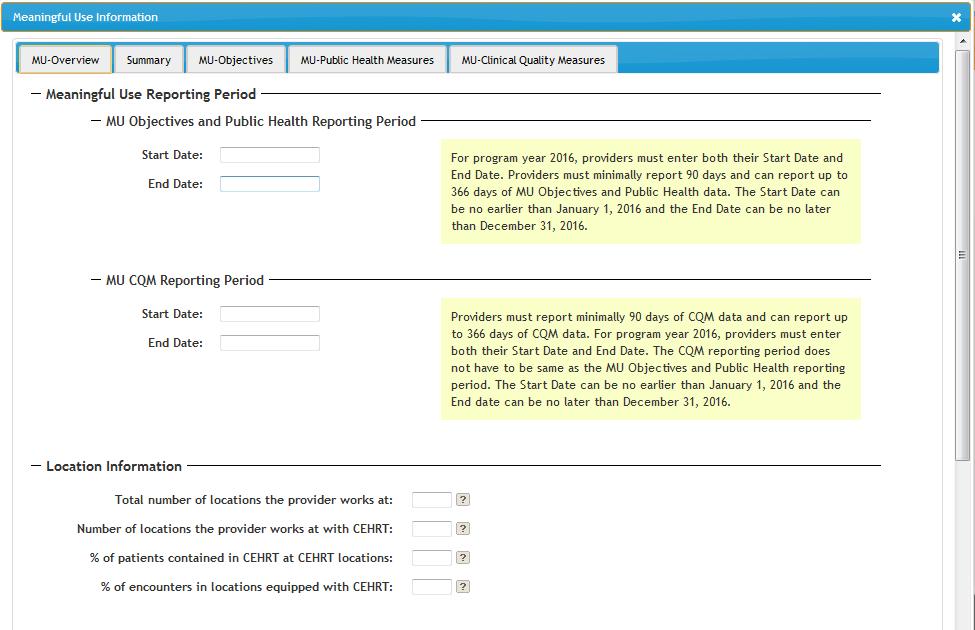 Meaningful Use: MU Overview 5 navigation tabs at top Meaningful Use Reporting