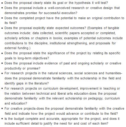 Evaluation Criteria Scholarly/creative merit Ability of the applicant to perform the proposed work successfully Potential for external funding original contribution to its field