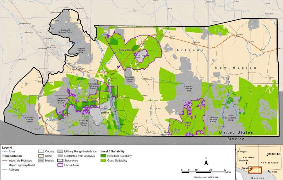 WRP SoAZ/NM Project Focus Areas: Total Area Focus Area 1: Intersection of Cochise, Pima and Santa Cruz Counties 277 mi 2 Focus Area