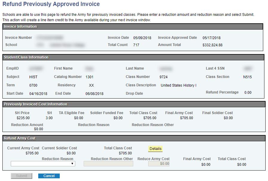Refund Previously Approved TA Invoice (continued) Search for and select specific student/enrollment If a
