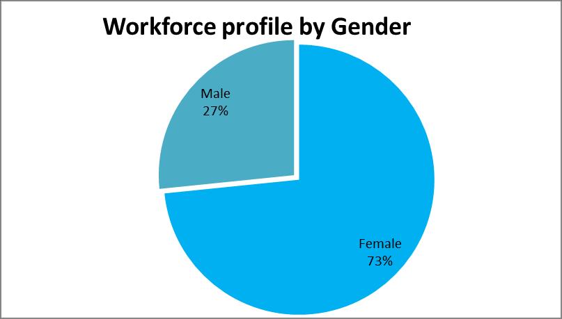 Male 2015 25% 2016 26% 2017 27% Female 2015 75% 2016 74% 2017 73% Since 2015, there has been a year on year 1% increase in male population compared to female even though female staff still account