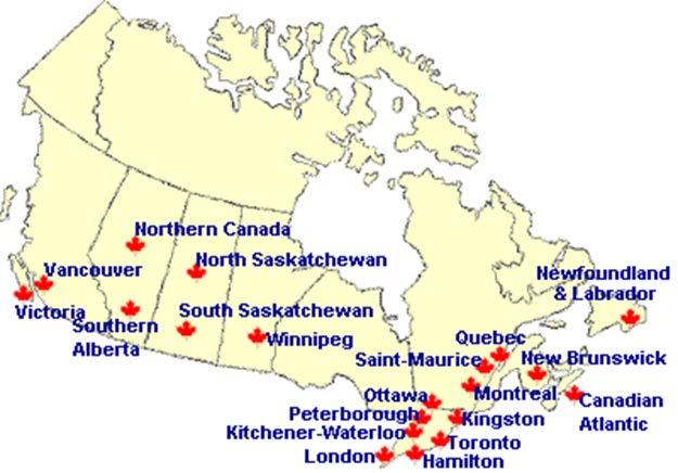 Sections and Organizing Units Operates 20 sections (local organizations) arranged in 3 areas (Western, Central, and Eastern Canada), as