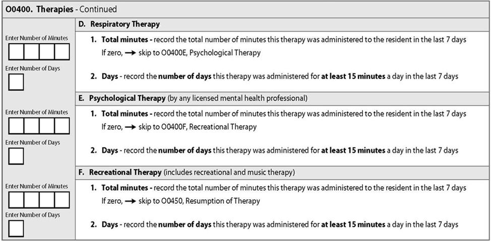 Therapy End Date Therapy End Date Record the date the most recent therapy regimen (since the most recent entry) ended. This is the last date the resident received skilled therapy treatment.