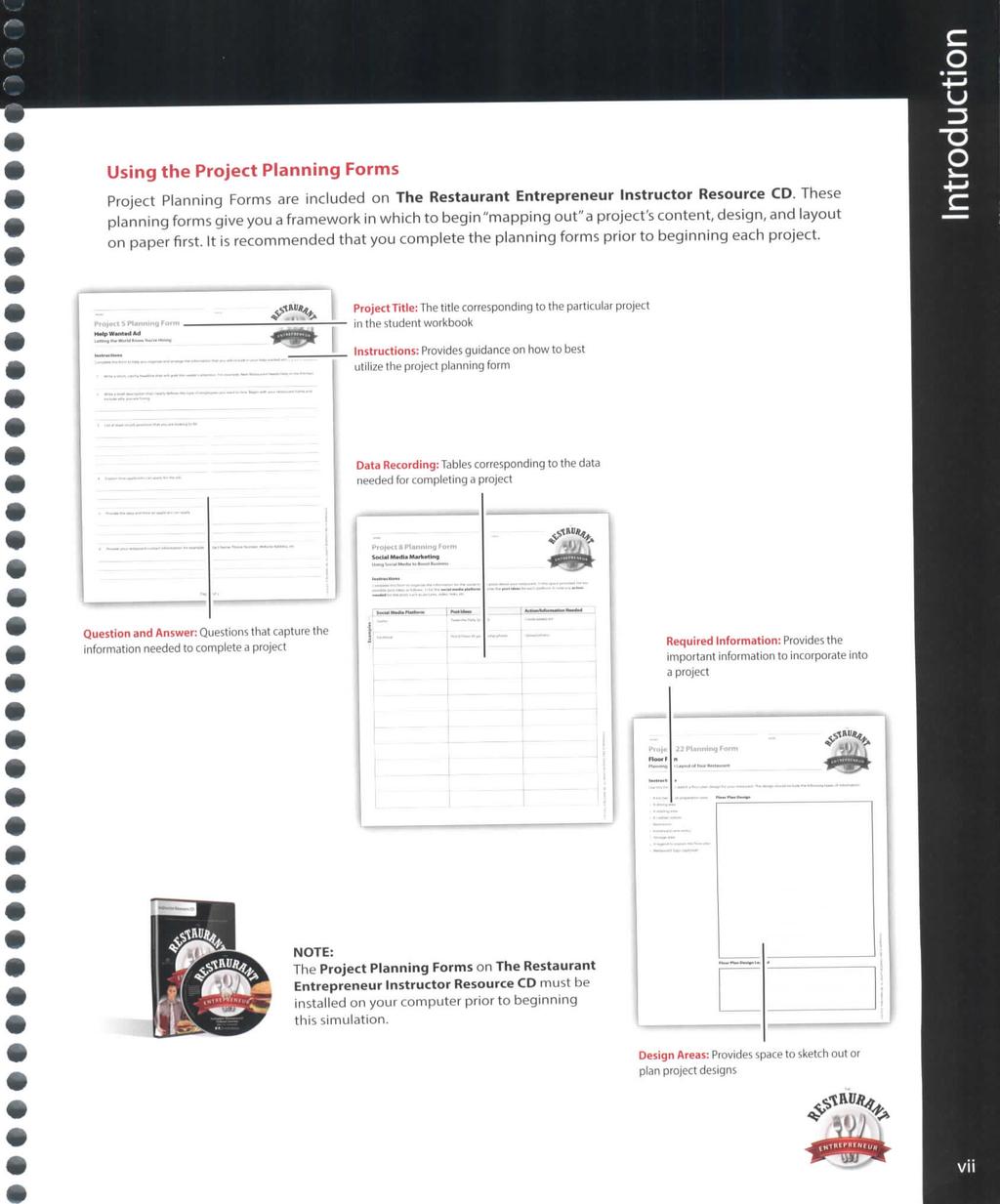 Using the Project Planning Forms Project Planning Forms are included on The Restaurant Entrepreneur Instructor Resource CD.