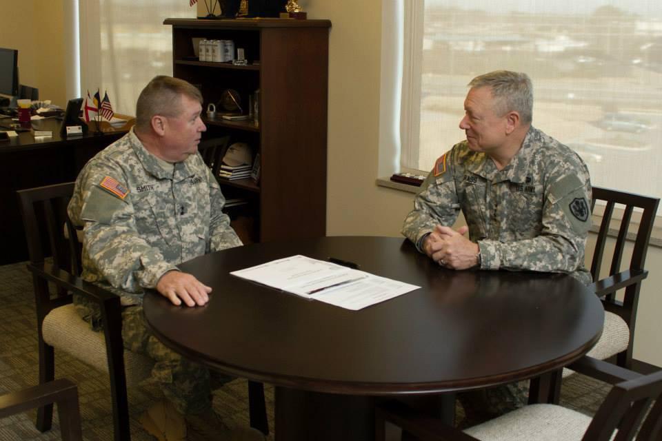 Grass, the chief of the National Guard Bureau, sit down for a one-on-one discussion at Joint Force Headquarters here, Jan. 9, 2015 Contributed/photo REDSTONE ARSENAL, Ala.