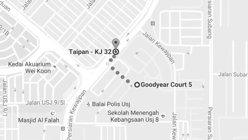 USJ6. Figure 16: Location of Taipan LRT Station Our study shows that Goodyear Court 5 is located only 220 metres away from Taipan LRT station.