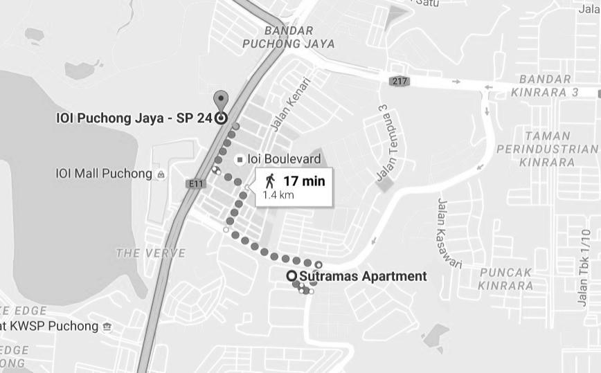 Our study shows that Sutramas Apartment is located only 830 metres away from IOI Puchong Jaya LRT station.