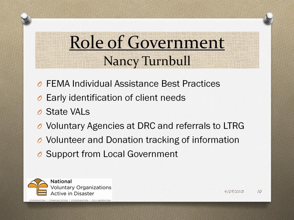 FEMA Individual Assistance Best Practices IA information sharing VAL support Survivor outreach Early identification of client needs through Written consent to check for duplication of benefits