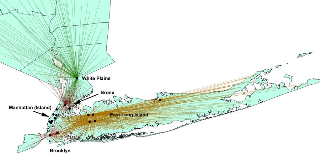 Figure 2: Catchment Areas for NYC-metro Hospitals Excluding Manhattan Island Notes: A black dot represents hospitals in a zip code area.