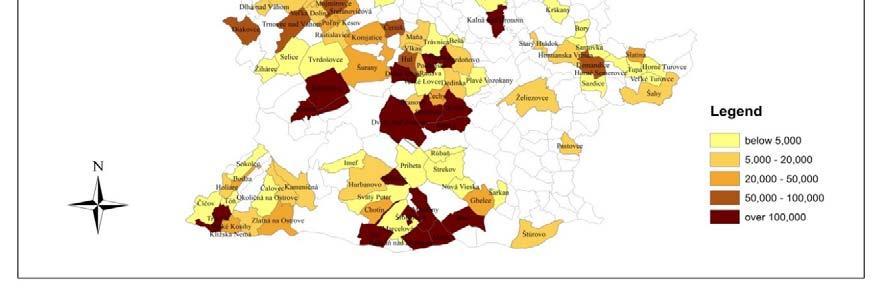 Fig 2. Spatial assessment of public funds spending for rural tourism support in municipalities of the Nitra Selfgoverning Region in 2007-2013 (in /1000 inhabitants).