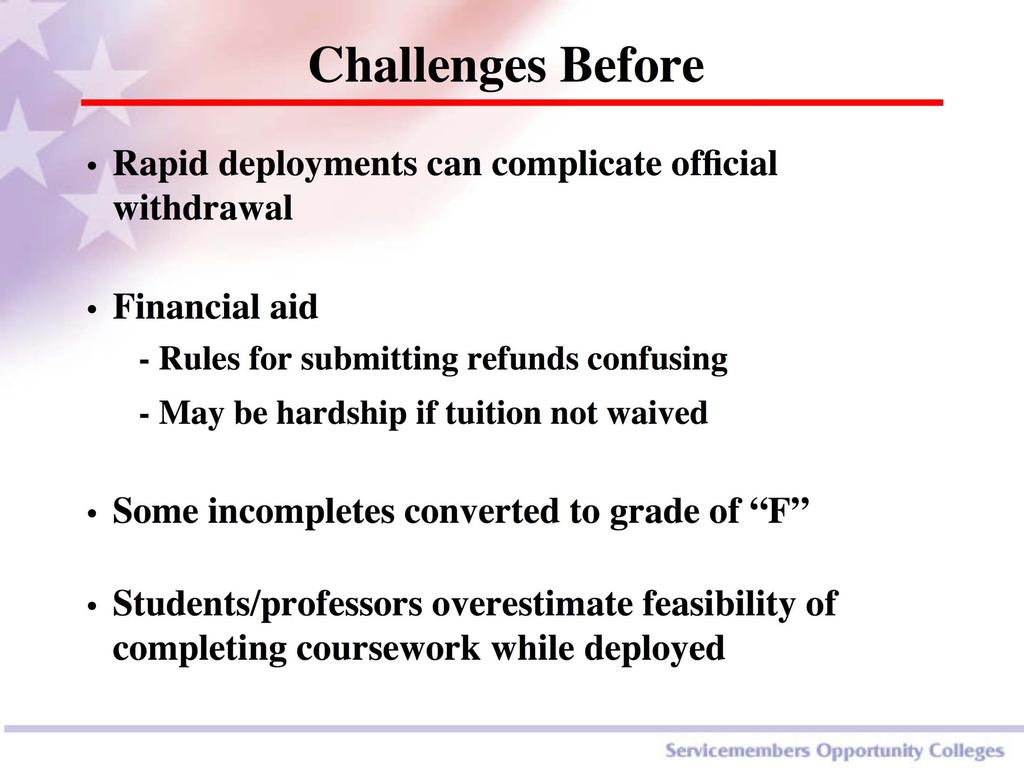 Challenges Before Rapid deployments can complicate official withdrawal Financial aid - Rules for submitting refunds confusing - May be hardship