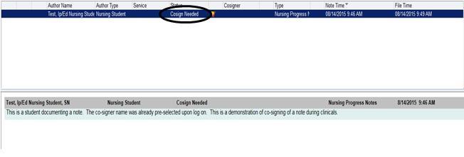 The Note displays in the Notes activity, under the Nursing Notes tab with an icon and notation of Cosign Needed.