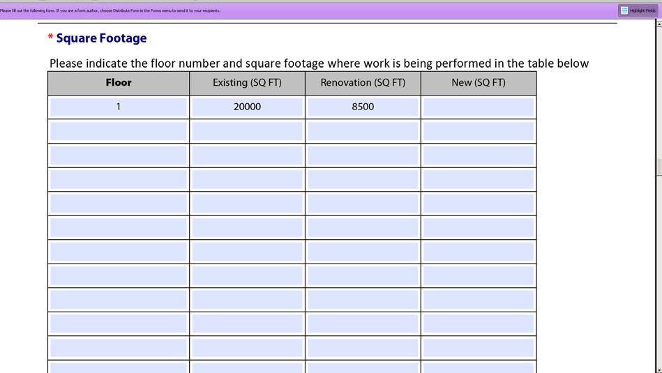Enter the square footage information. Just click in the appropriate square (cell) and enter the related information.