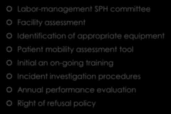The law requires: Labor-management SPH committee Facility assessment Identification of appropriate equipment Patient mobility assessment tool Initial an on-going training Incident investigation