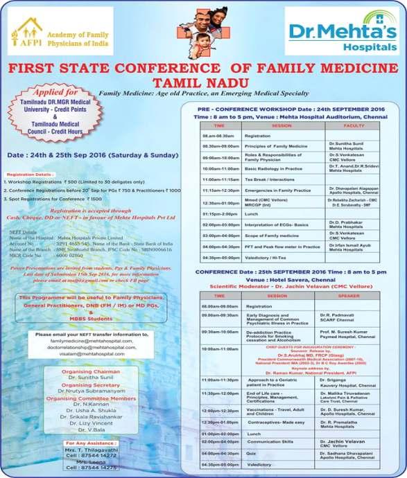 Happening s @ Dr.Mehta s - Academics The first Tamil Nadu state conference of Family Medicine was held on 24th and 25th September in Dr.Mehta s and Hotel Savera.