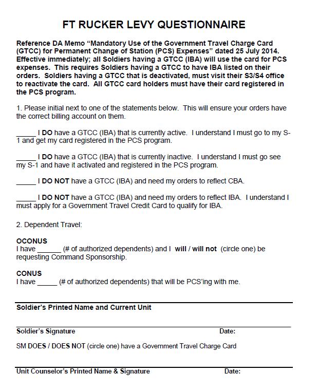 Fort Rucker Levy Questionnaire Con t This form is available at your S-1. You will need to annotate how many dependents will be accompanying you.