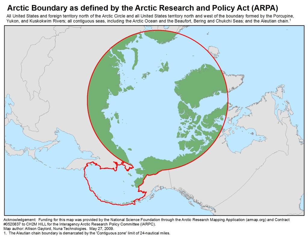 Figure 2. Entire Arctic Area as Defined by ARPA Source: U.S. Arctic Research Commission (http://www.arctic.gov/maps/arpa_polar_150dpi.jpg, accessed on December 23, 2011). U.S. Arctic Research Arctic Research and Policy Act (ARPA) of 1984, As Amended The Arctic Research and Policy Act (ARPA) of 1984 (Title I of P.